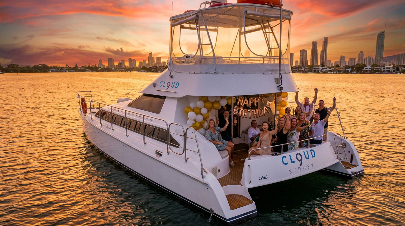 Birthday party boat on Gold Coast Broadwater at sunset