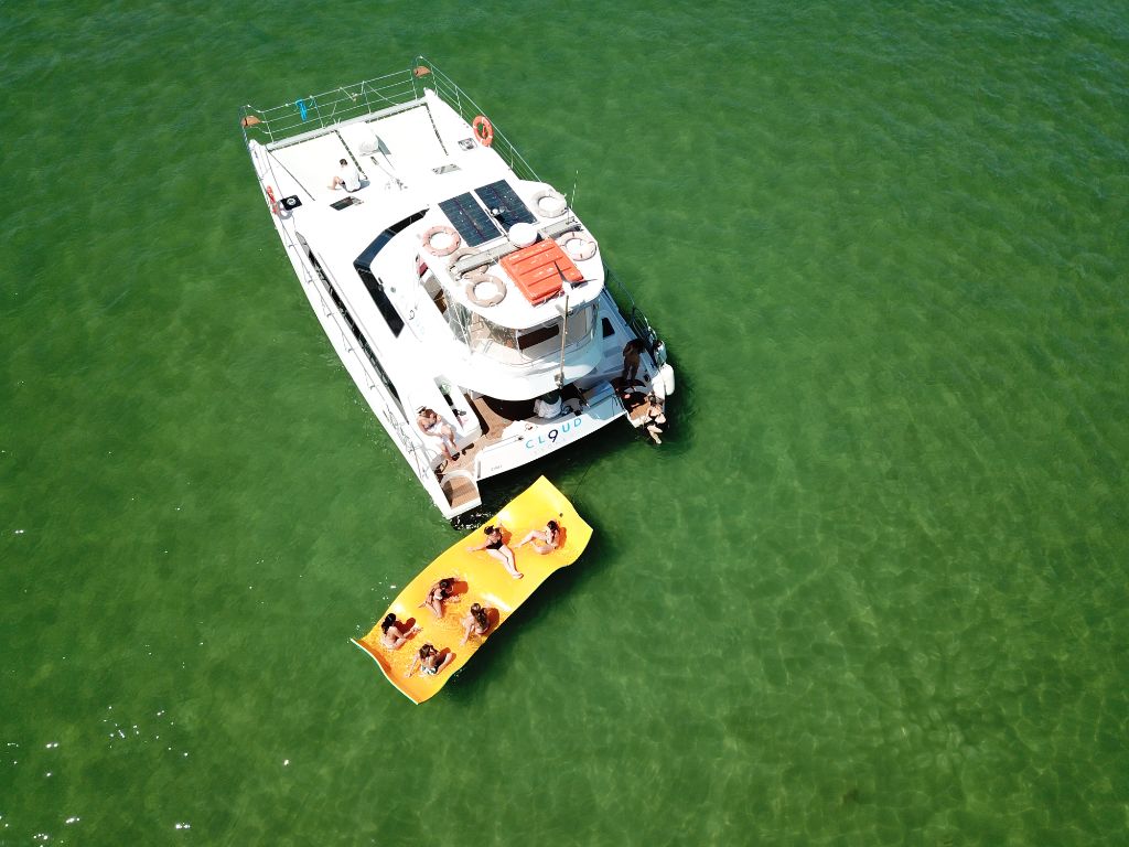 Aerial view of Cloud 9 Cruise catamaran on Gold Coast Broadwater